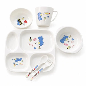 Kids feeding tableware set with blue bear design plate bowls cup spoon and fork