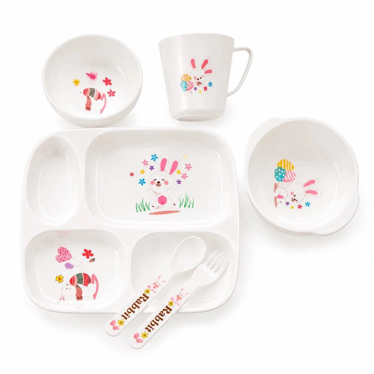 Kids feeding tableware set with bunny design plate bowls cup spoon and fork