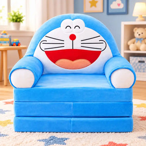 2-in-1 Kids Plush Sofa Cum Bed Blue Cartoon Character Front View