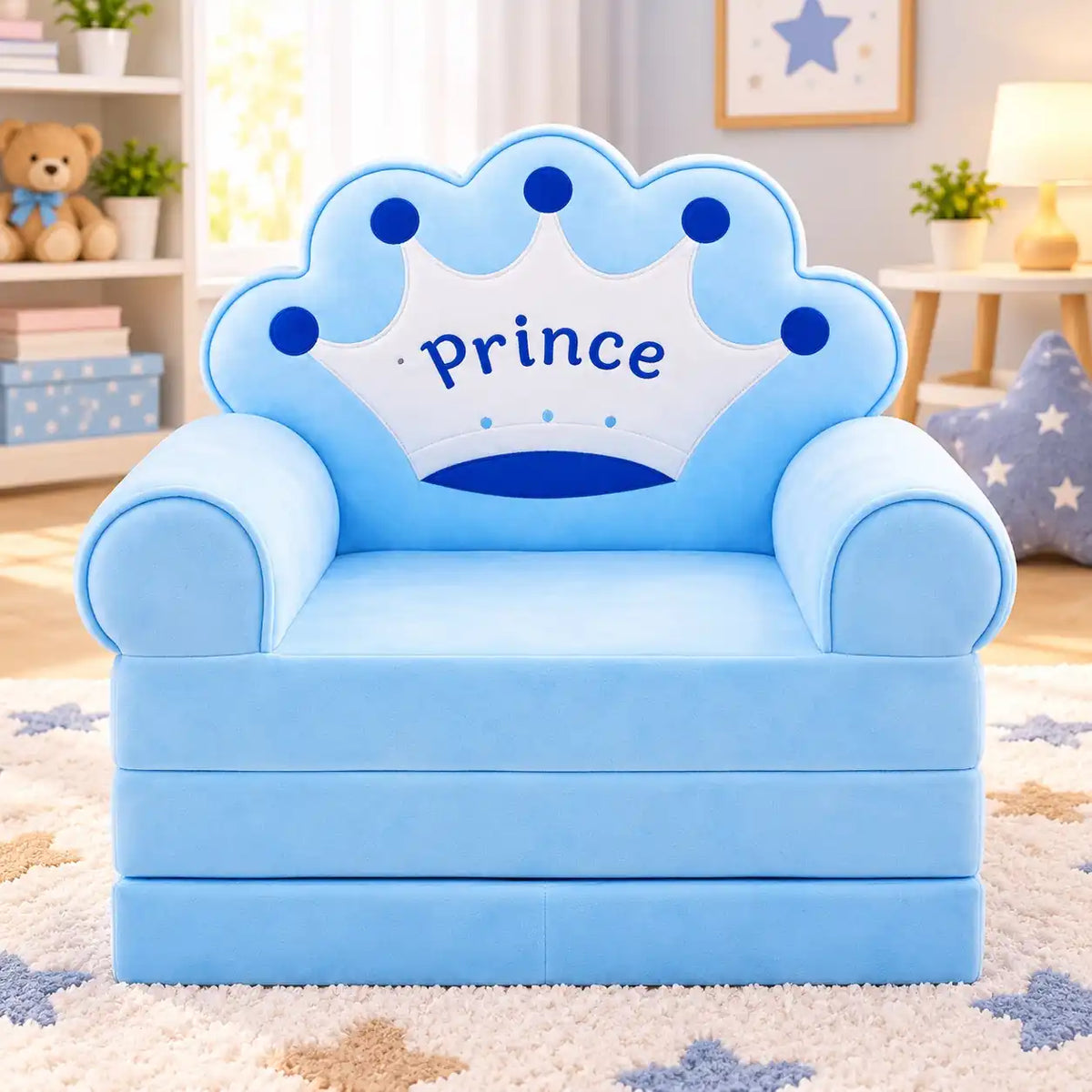 2-in-1 Kids Plush Sofa Cum Bed Prince Crown Blue Front View