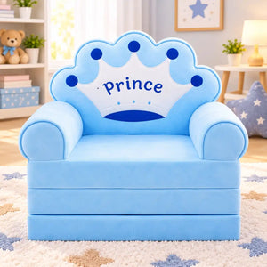 2-in-1 Kids Plush Sofa Cum Bed Prince Crown Blue Front View