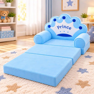 2-in-1 Kids Plush Sofa Cum Bed Prince Crown Blue Unfolded Bed View