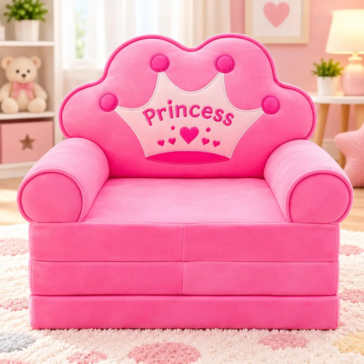 2-in-1 Kids Plush Sofa Cum Bed Princess Crown Pink Front View