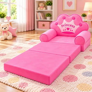 2-in-1 Kids Plush Sofa Cum Bed Princess Crown Pink Unfolded Bed View