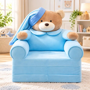 2-in-1 Kids Plush Sofa Cum Bed Teddy Bear Blue Front View
