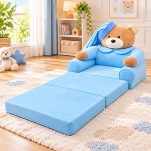 1. 2-in-1 Kids Plush Sofa Cum Bed Unfolded Bed View Blue