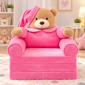 2-in-1 Kids Plush Sofa Cum Bed Pink Teddy Bear Front View