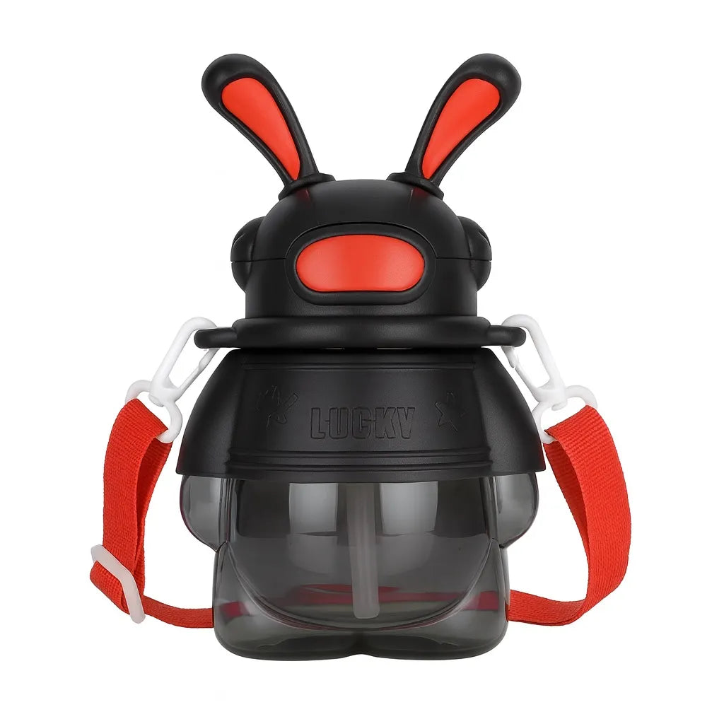 Black rabbit straw water bottle with flip-top lid and adjustable shoulder strap, 800ml