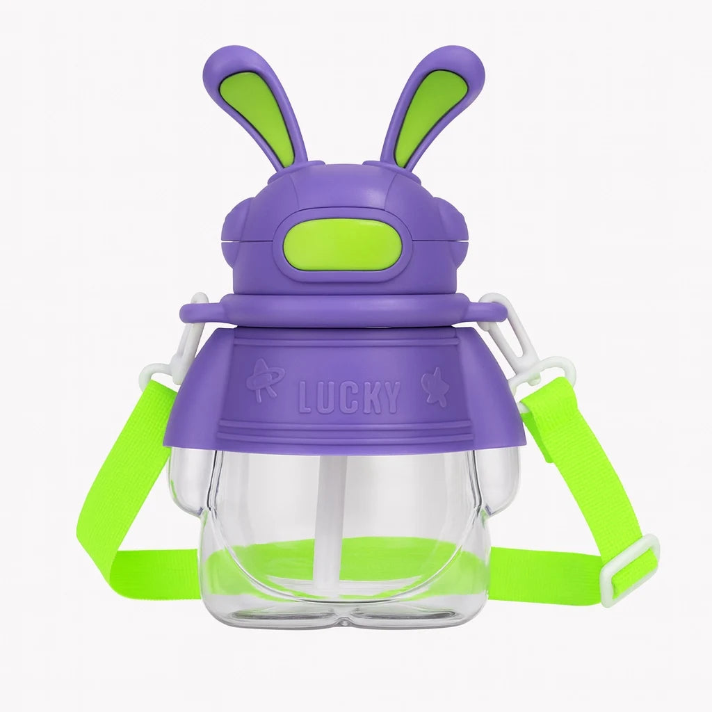 Purple rabbit straw water bottle with bunny-ear cap and shoulder strap
