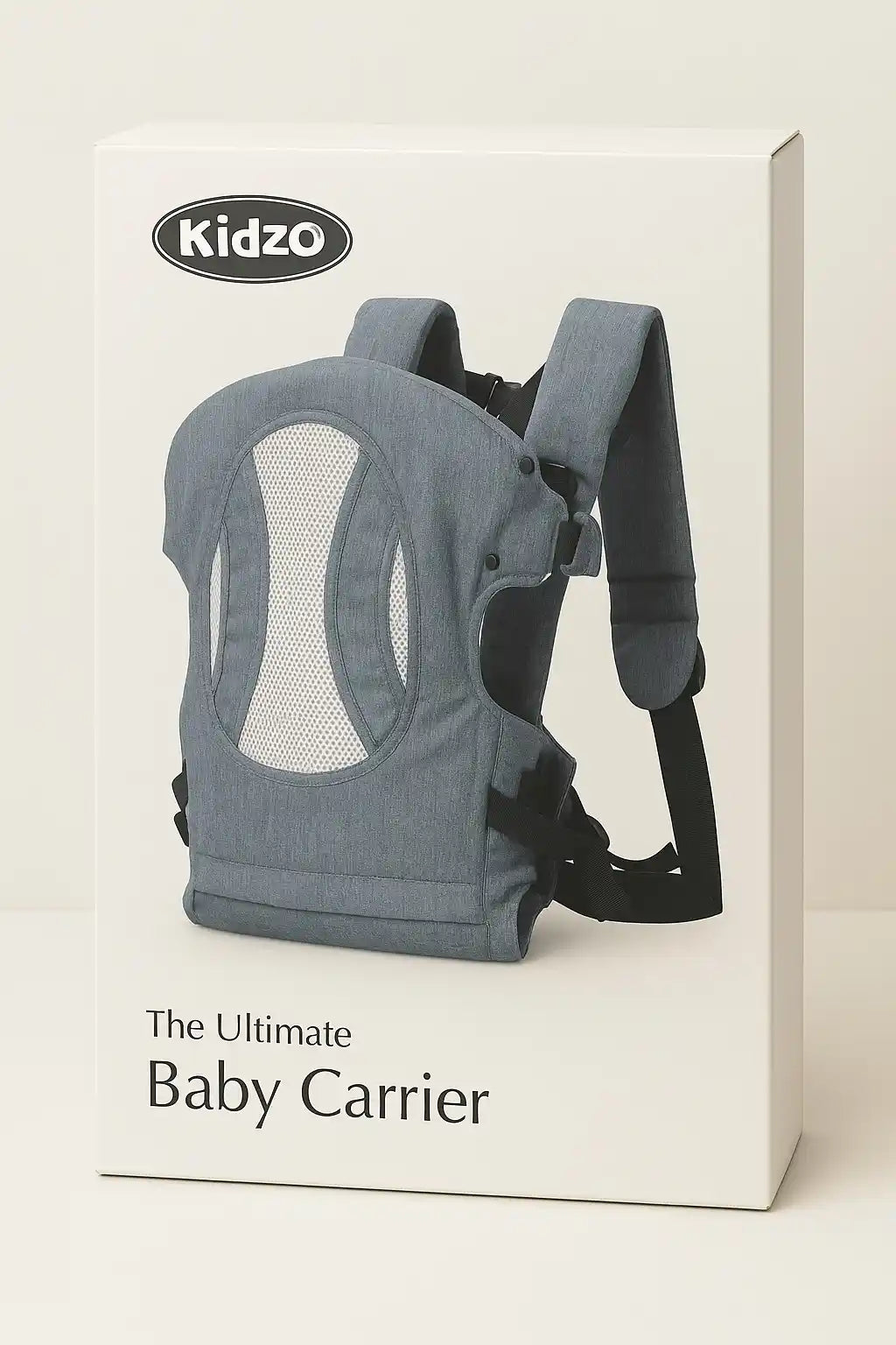 Grey baby carrier belt retail packaging and product view