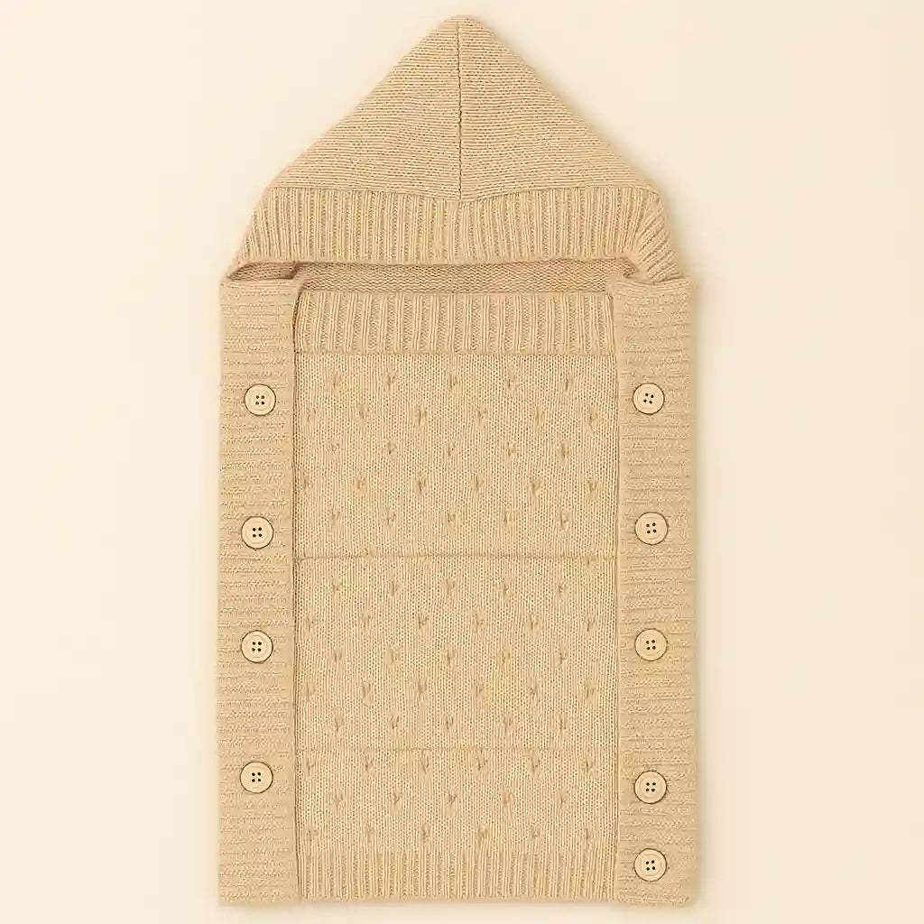 Beige knitted woolen baby carry nest with hooded top