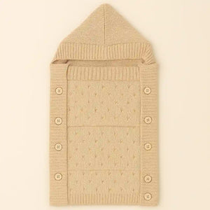 Beige knitted woolen baby carry nest with hooded top