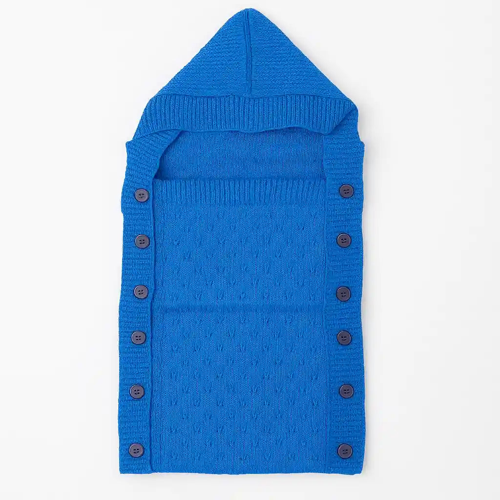 Blue knitted woolen baby carry nest with hood for babies 0–12 months