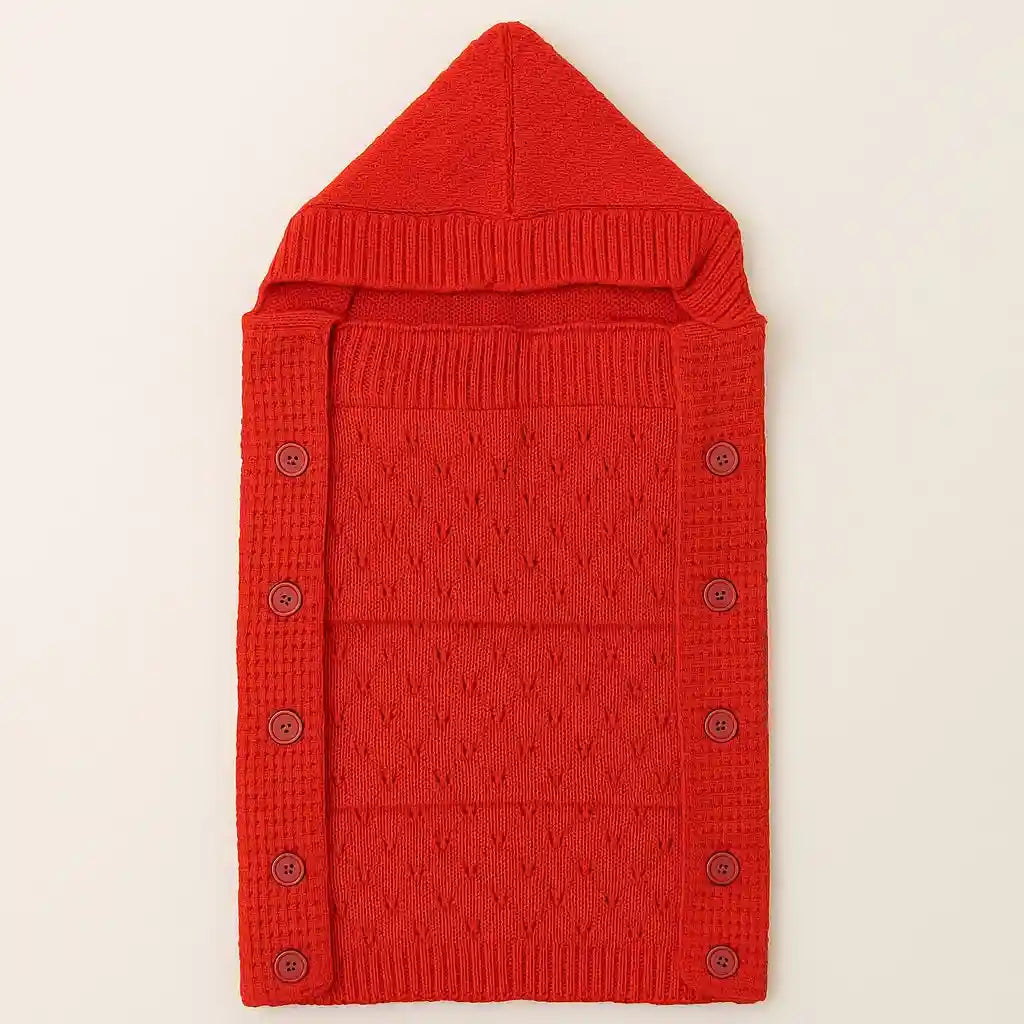 Red knitted woolen baby carry nest with hood and side button closure