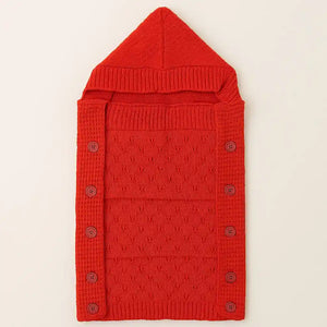 Red knitted woolen baby carry nest with hood and side button closure
