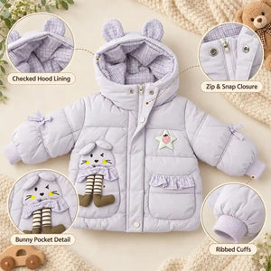 Light Purple Hooded Winter Jacket with 3D Bunny Pocket