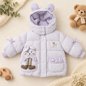 Light Purple Bunny Puffer Jacket with Checked Hood and Ribbed Cuffs