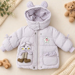 Light Purple Bunny Hooded Puffer Winter Jacket for Kids