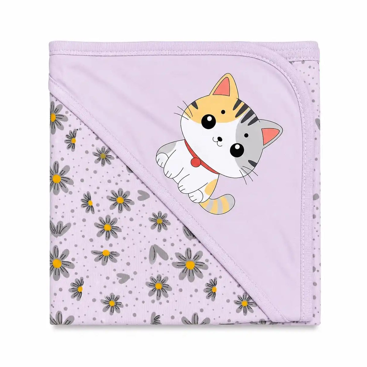 Baby PURPLE hooded wrapping sheet featuring cute kitty design, floral pattern and soft breathable interlock fabric