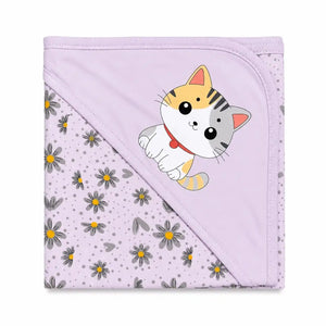 Baby PURPLE hooded wrapping sheet featuring cute kitty design, floral pattern and soft breathable interlock fabric