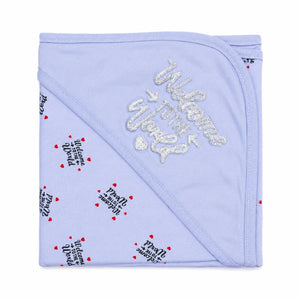 Lavender baby wrapping sheet with Welcome to the World print