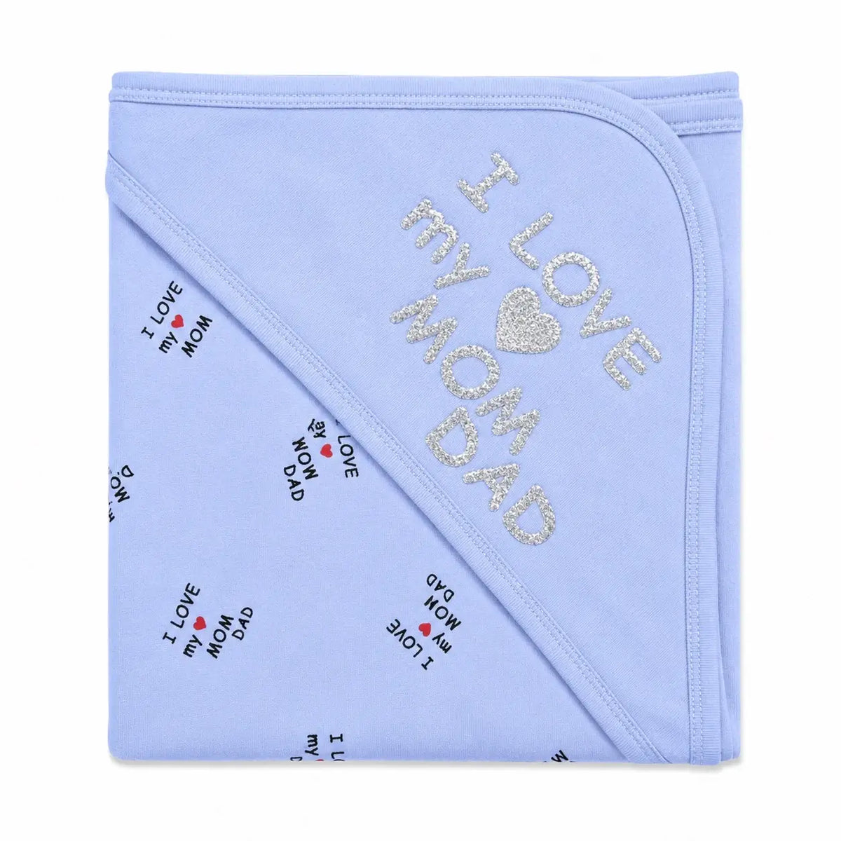 Sky blue baby wrapping sheet with I Love My Mom Dad silver heart design