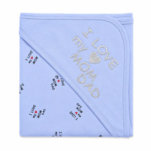 Sky blue baby wrapping sheet with I Love My Mom Dad silver heart design