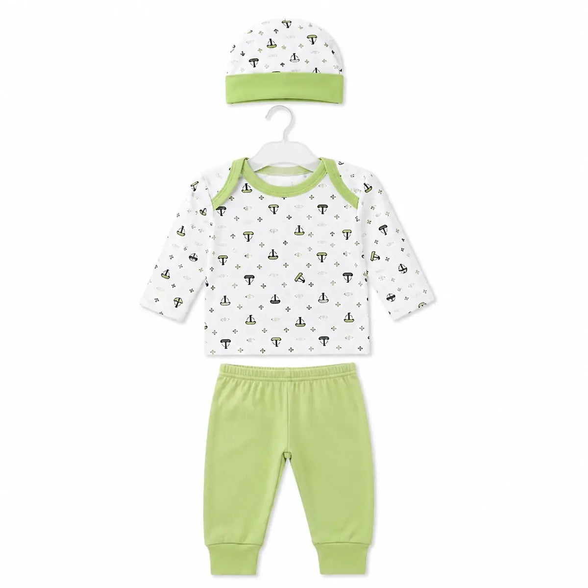 Light green baby 3 piece sailboat print clothing set with full sleeve shirt, matching pajama and cap