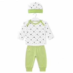 Light green baby 3 piece sailboat print clothing set with full sleeve shirt, matching pajama and cap
