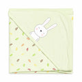 Baby hooded wrapping sheet with bunny print and colorful leaf pattern in soft lemon yellow, 30×30 inches