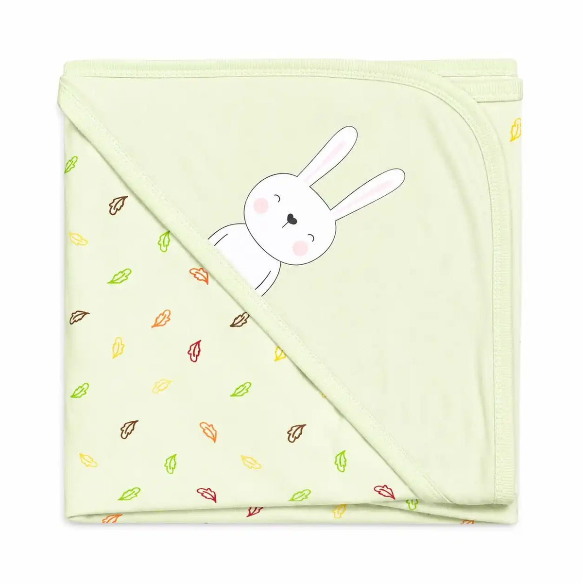 Baby hooded wrapping sheet with bunny print and colorful leaf pattern in soft lemon yellow, 30×30 inches