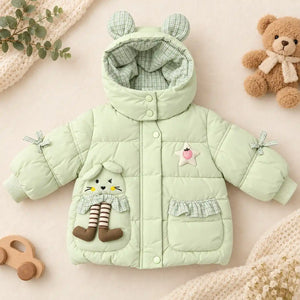 Light Green Hooded Parachute Puffer Winter Jacket with Bunny Pocket