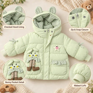 Light Green Kids Puffer Jacket with Bunny Pocket and Checked Hood Details