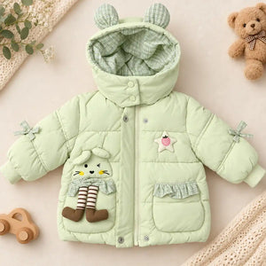 Light Green Hooded Puffer Winter Jacket with 3D Bunny Pocket Front View