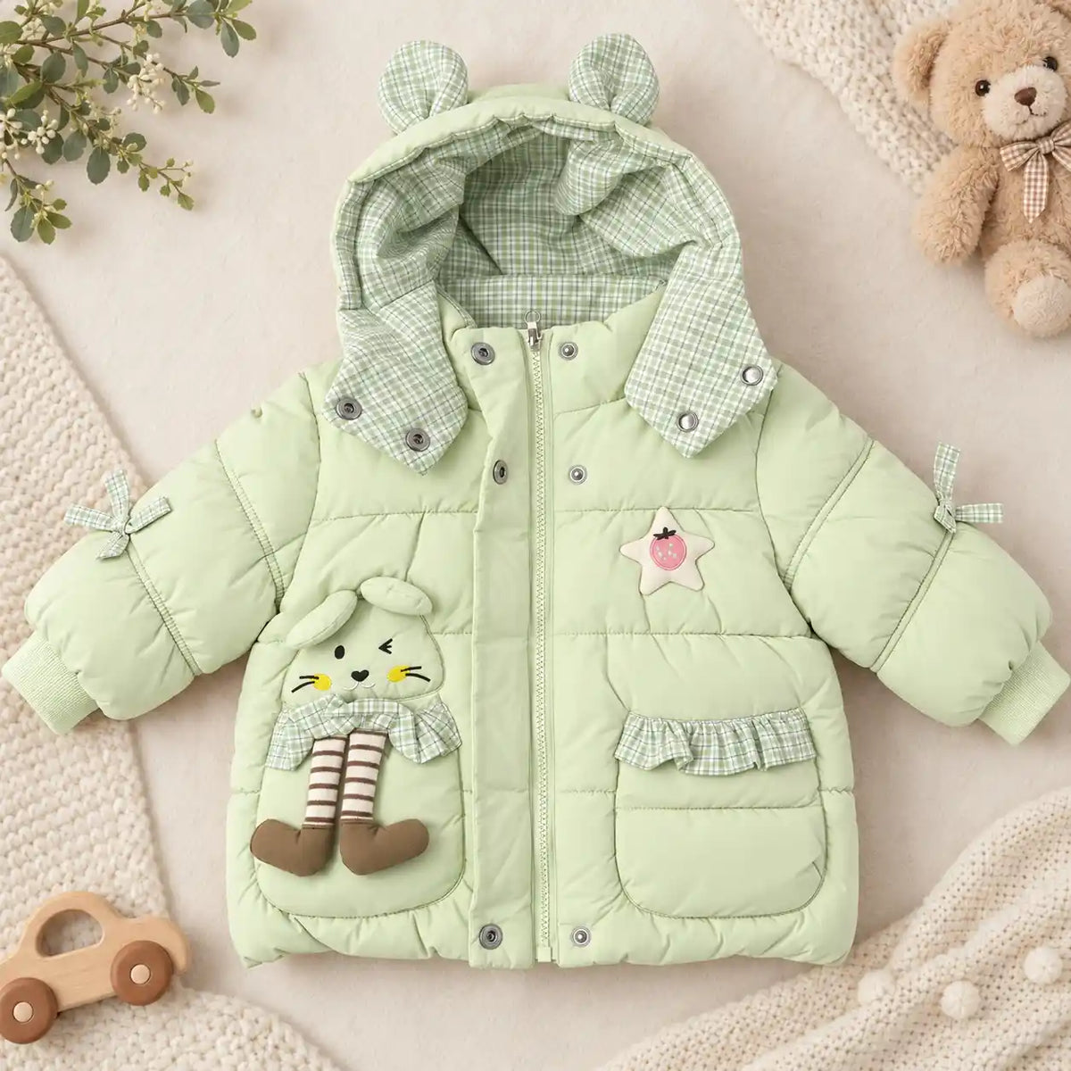 Light Green Parachute Winter Jacket with Checked Hood Lining and Ribbed Cuffs