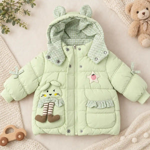 Light Green Parachute Winter Jacket with Checked Hood Lining and Ribbed Cuffs