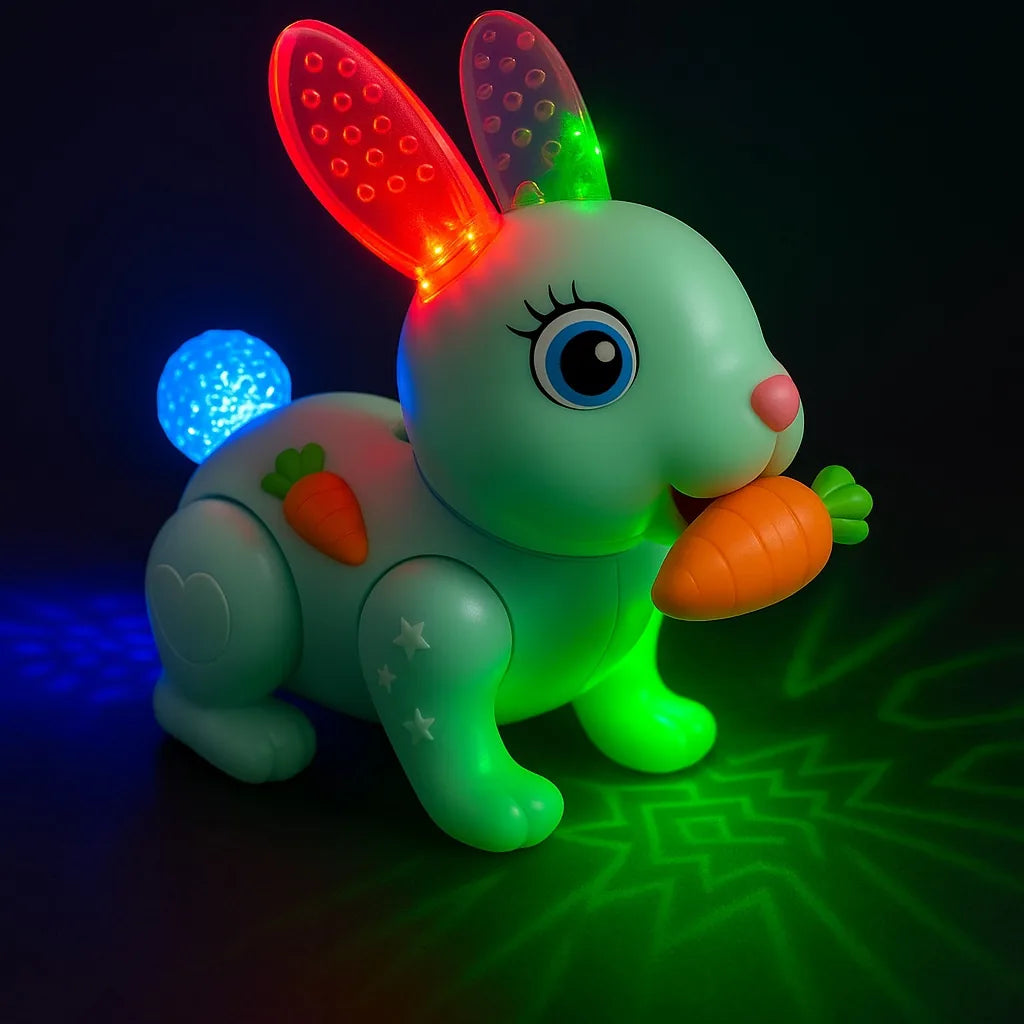 Green LED bunny toy creating colorful light reflections on the floor