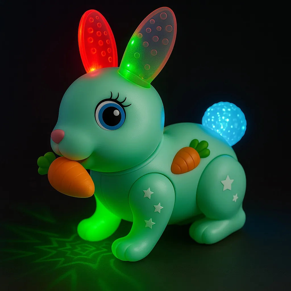 Side view of green light-up bunny toy with carrot and LED tail