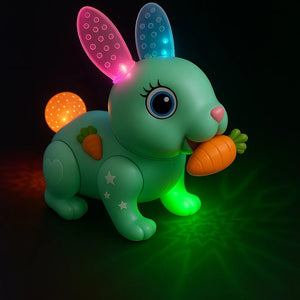 Green LED musical walking bunny toy with glowing ears, tail and carrot