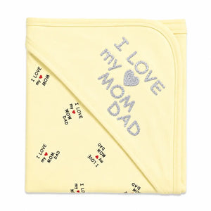 Light yellow baby wrapping sheet with I Love My Mom Dad silver heart design