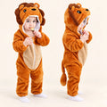 Lion Soft Fleece Costume Jumpsuit with 3D lion hood, cream belly, front zipper and plush tail – front and side views