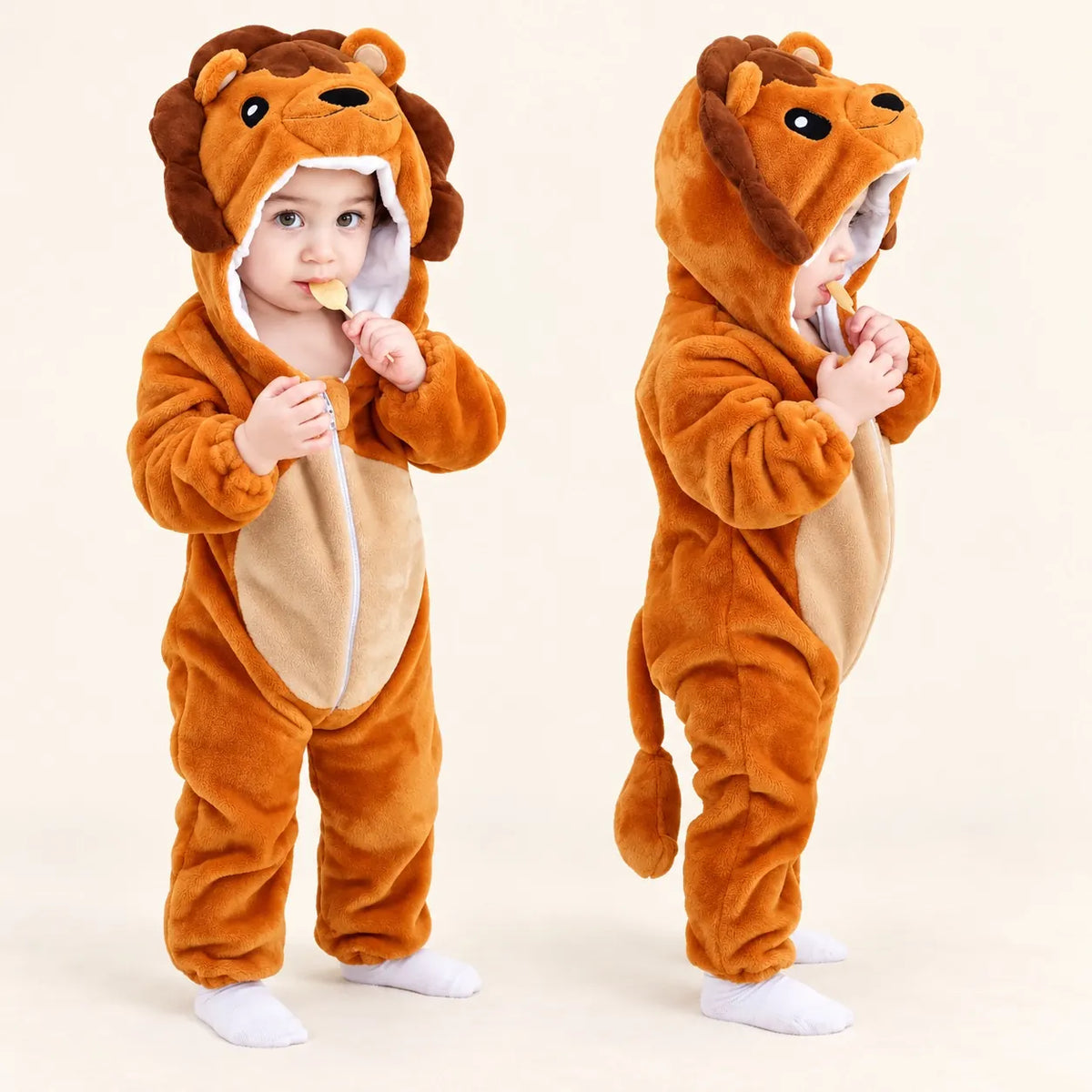 Lion Soft Fleece Costume Jumpsuit with 3D lion hood, cream belly, front zipper and plush tail – front and side views