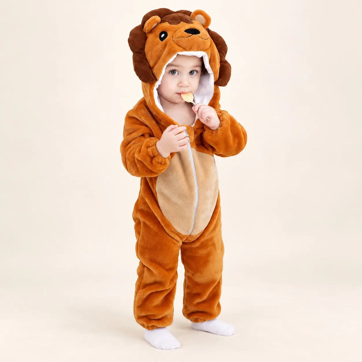 Lion Soft Fleece Costume Jumpsuit with attached animal hood, cream belly panel, front zipper and elasticated cuffs