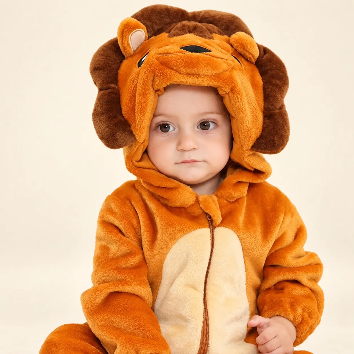Lion hooded fleece winter romper with fluffy dark brown mane, rounded ears, embroidered face and cream belly panel
