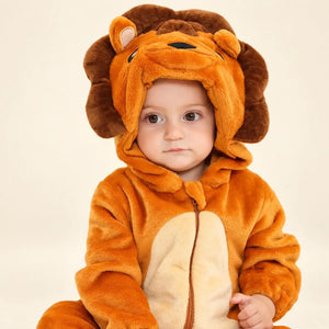 Lion hooded fleece winter romper with fluffy dark brown mane, rounded ears, embroidered face and cream belly panel