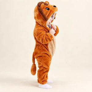 Side view of Lion Soft Fleece Hooded Winter Romper showing 3D lion face hood, fluffy mane and hanging plush tail
