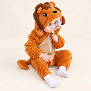 Child sitting in orange brown Lion Soft Fleece Costume Jumpsuit with animal hood, front zipper and plush lion tail