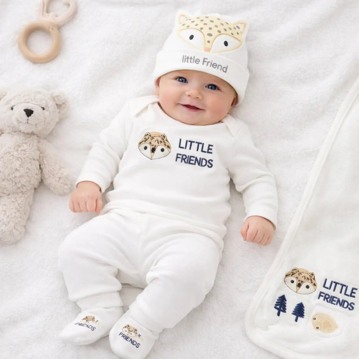 Little Friends Cream Baby Starter Set Worn by Newborn Baby