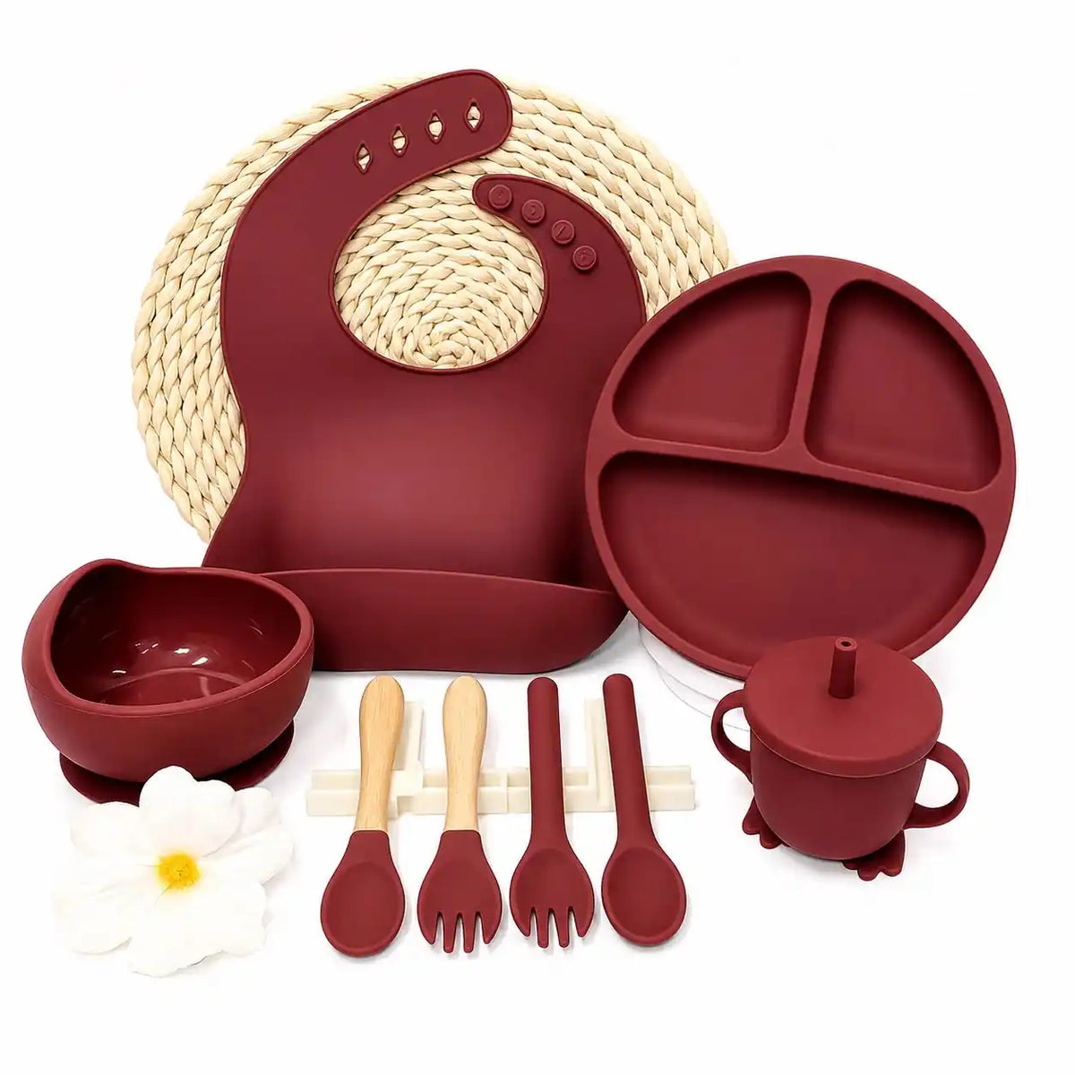 Silicone Baby Feeding Set (Bib, Bowl, Plate, Cup & Cutlery) – 8 Pcs