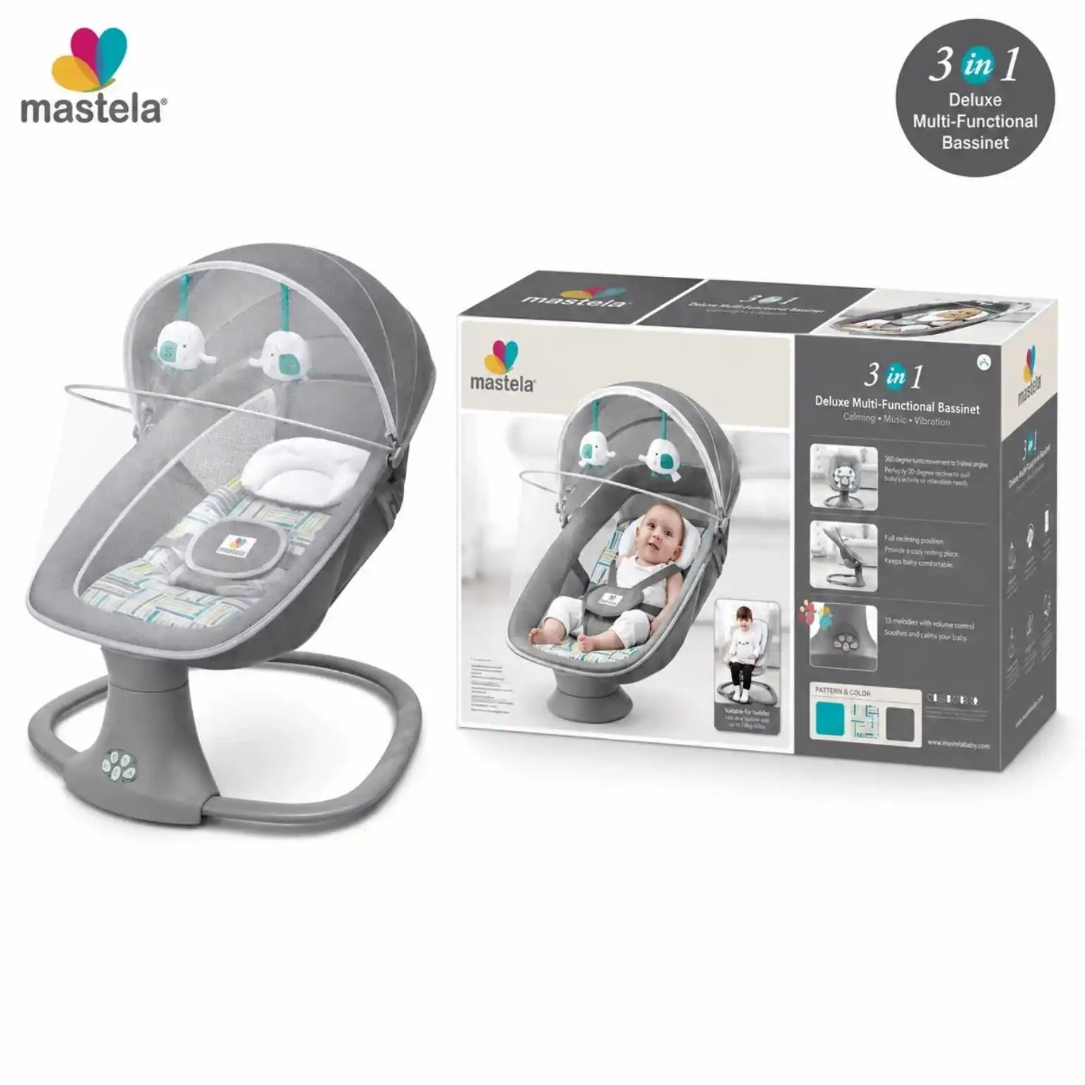 Mastela 3 in 1 Deluxe baby bassinet and swing with mosquito net, hanging toys and retail box